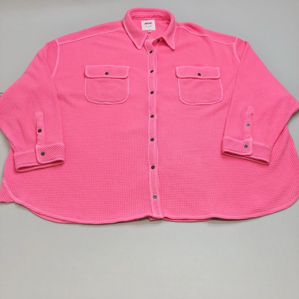 Aerie Neon Pink Waffle Knit Lumberjane Shirt XXL Button Cotton Blend Oversized